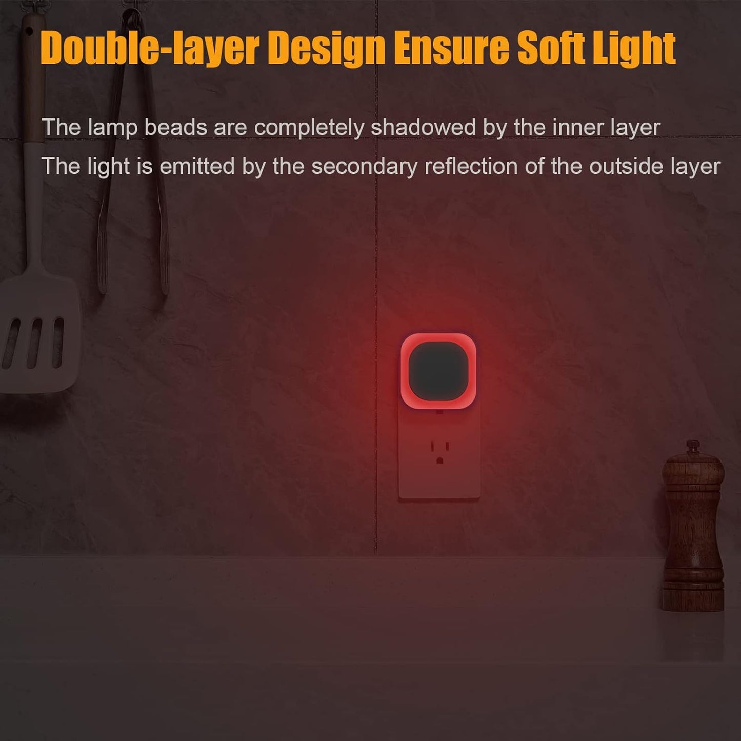 YUNLEX 2 Pack Red Night Light with Dusk to Dawn Sensor, Eye-Care Reflected Glow, 0% Blue Light True Red LED, 3-Level Brightness, Auto On/Off, Plug-in Nightlight for Sleep, Kids, Bedroom, Bathroom