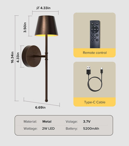 UME Wireless Sconces Set of 2 with Remote, 5200mAh Battery Powered Sconces - Small Rechargeable Sconces w/ 3 Color Temps & 5 Brightness Levels for Bedroom, Living Room, Wall Painting, Cafe (Black)