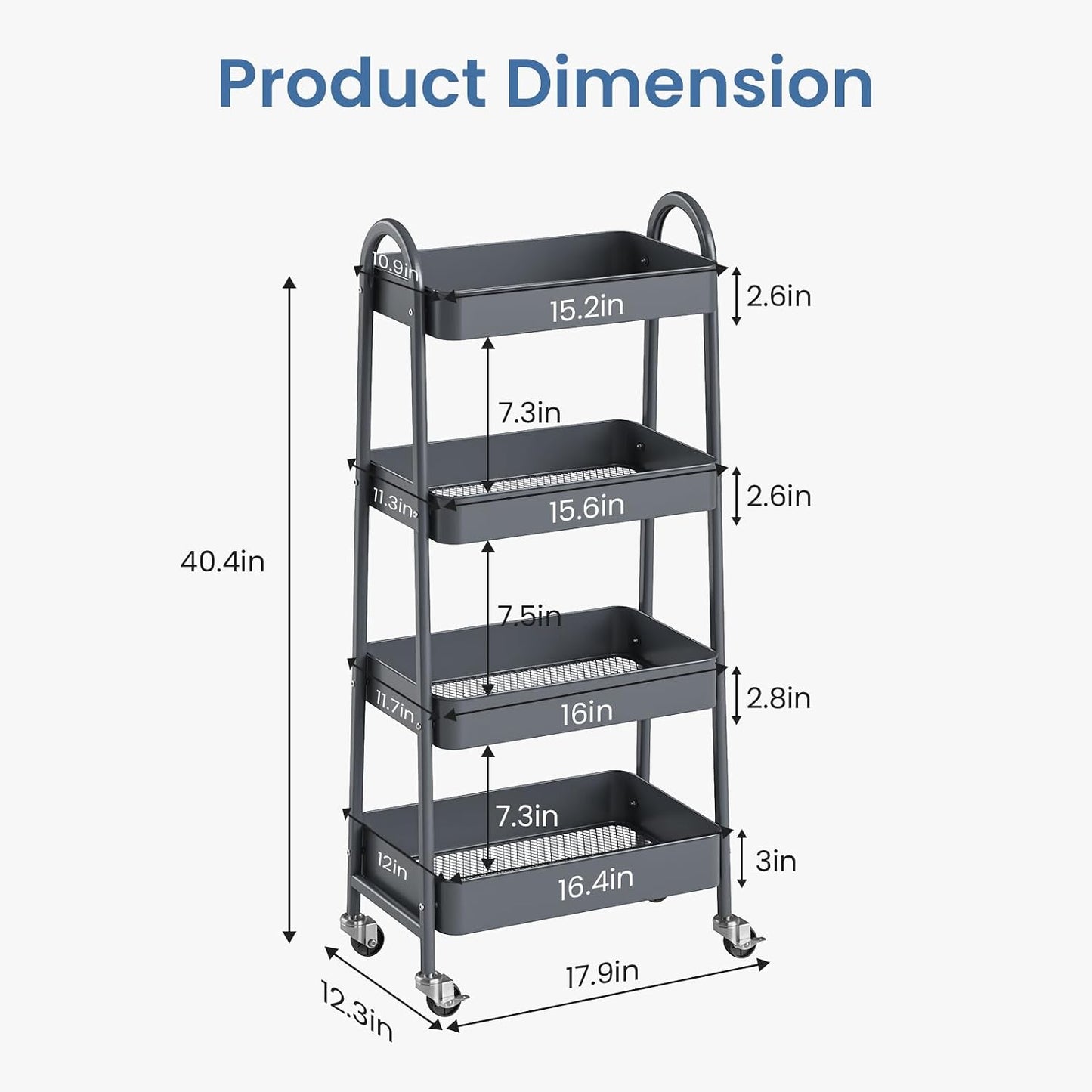 DUMOS 3 Tiers Rolling Cart, Utility Cart, Metal, White | Mobile Storage, Lockable Wheels, Utility Shelving Unit, Kitchen, Bathroom, Laundry, Narrow Places