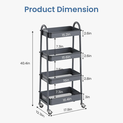 DUMOS 3 Tiers Rolling Cart, Utility Cart, Metal, White | Mobile Storage, Lockable Wheels, Utility Shelving Unit, Kitchen, Bathroom, Laundry, Narrow Places