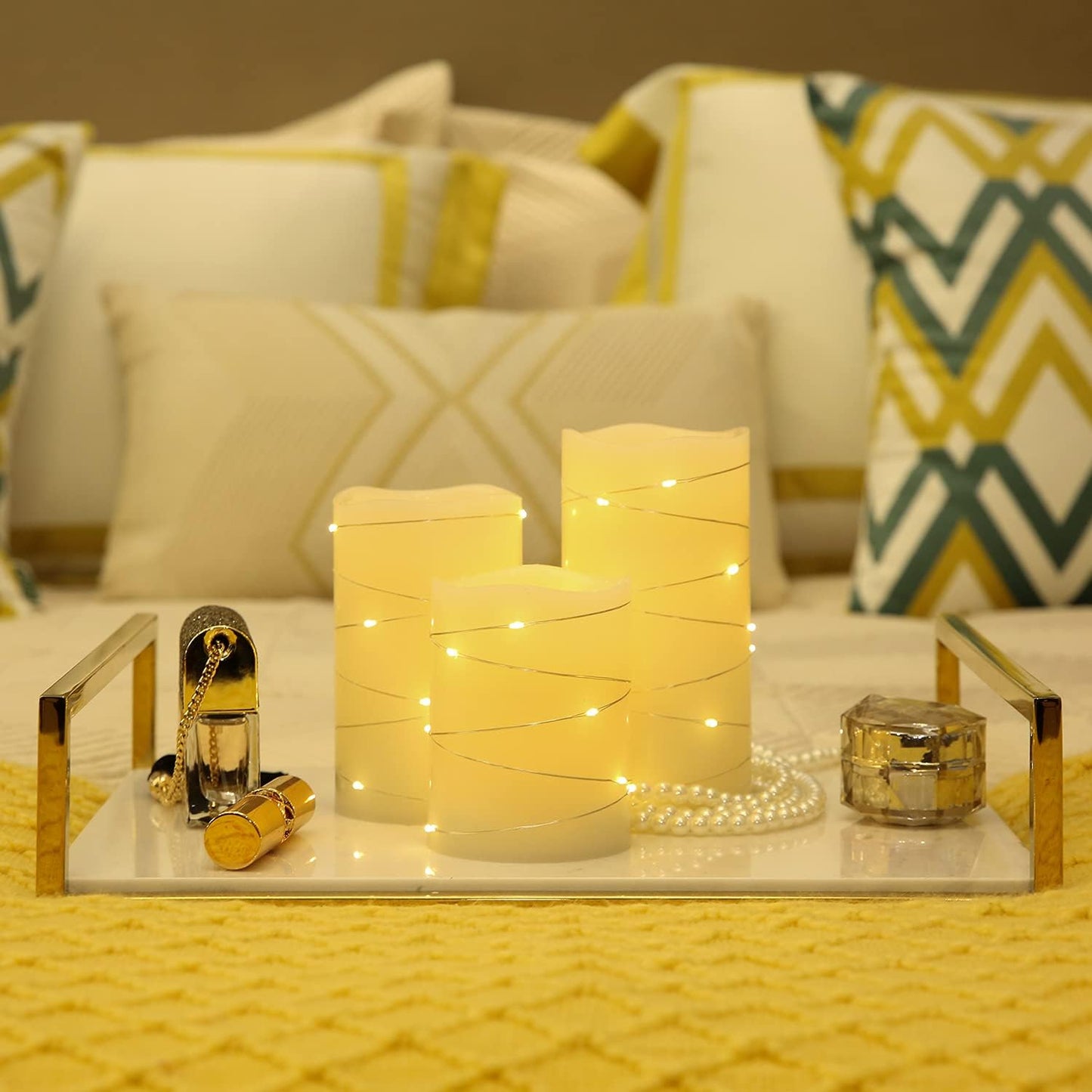 H-BLOSSOM Flickering Flameless Candles Ivory Real Wax Pillar with Embedded String Lights LED Candles Battery Operated with Cycling 5H Timer Set of 3 (3" x 4"/5"/6") (Ivory)