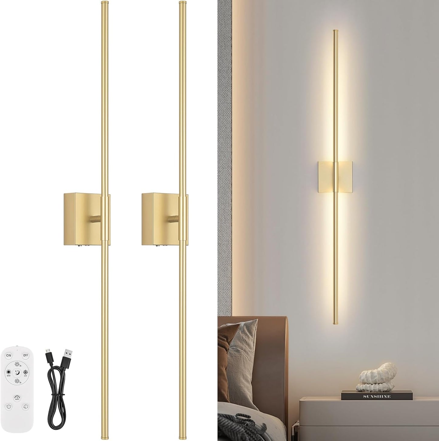 Battery Operated Wall Sconce Set of Two with Remote Control, 3000K-6000K Dimmable Black Wall Lights, Timable LED Wireless Wall Sconces, 350° Ratate for Bathroom, Living Room, Hallway 29.1 Inch