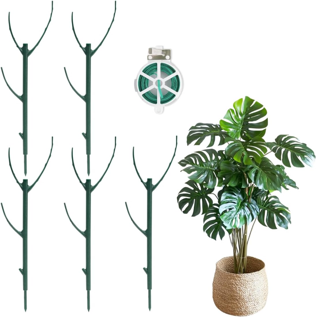 26Pcs Plant Support Combo, 5Pcs Stackable Monstera Plant Stakes Trellis+ 20Pcs Garden Clips + 1Pcs Ties, Moss Pole Alternative for Indoor Outdoor Climbing Vines Houseplants
