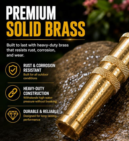 Morvat Solid Brass Metal Twist Garden Hose Nozzle, Heavy Duty Adjustable Pressure Spray Attachment, High Power Water Jet Sprayer with 4 Holes & ¾” Standard Threading, Includes 2 Extra Rubber Washers