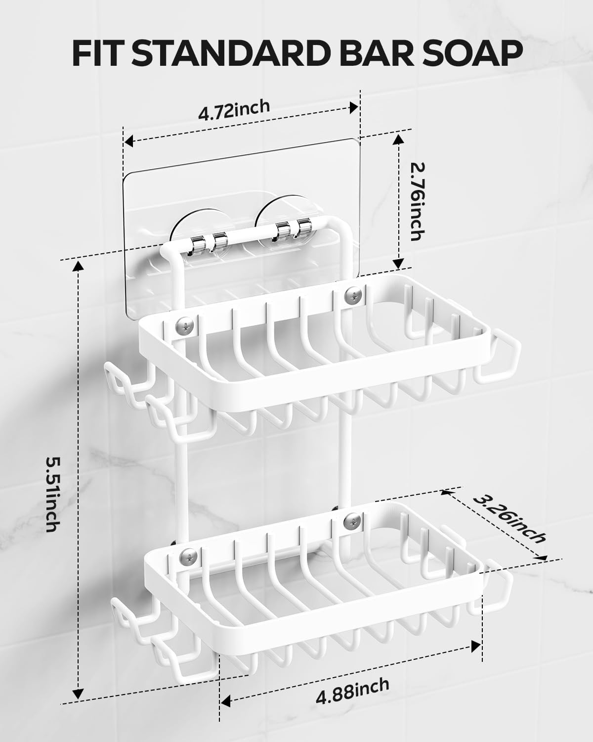 Nieifi Bar Soap Holder, Adhesive Soap Dish for Bathroom Shower Wall | Stainless steel, 2 tier, razor holders, 8 hooks, bathtub, kitchen sink, wall mounted, no drilling, counter, black