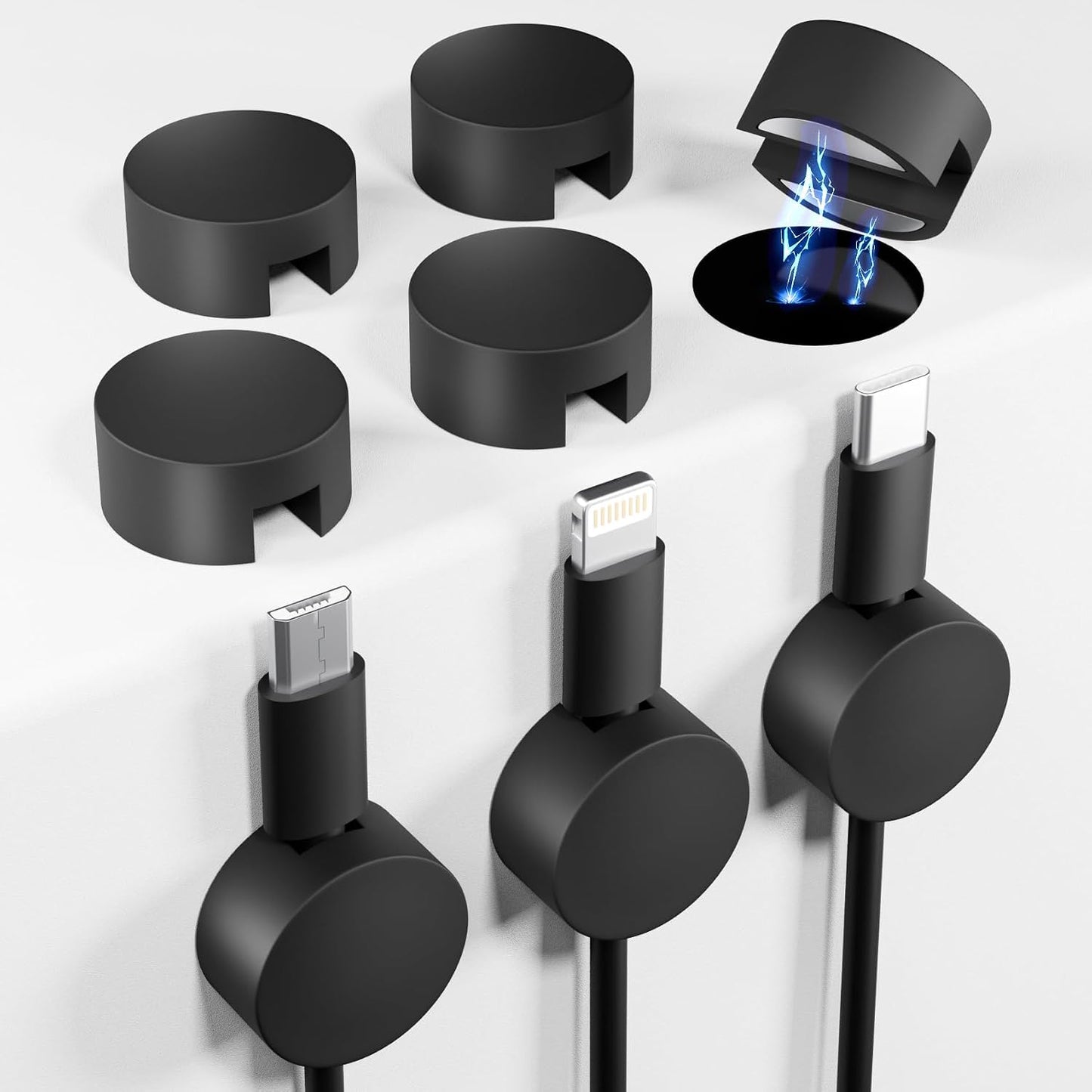 Viaky 8-Pack Magnetic Cable Holder Black, Self Adhesive Silicone Magnet Cable Straps, Strong Cord Holder for Phone Charge, Wire Management for Nightstand, Wall, Office, Home, Car, Desk