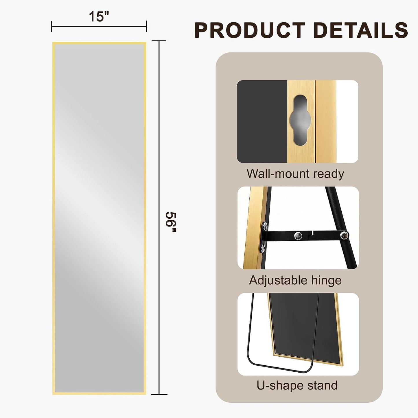FICTOR Full Length Mirror with Stand, Floor Standing Mirror Full Body, HD Shatterproof Black Frame Wall Mirror for Bedroom, Living Room, Dressing Room & Entryway, 56"x15"