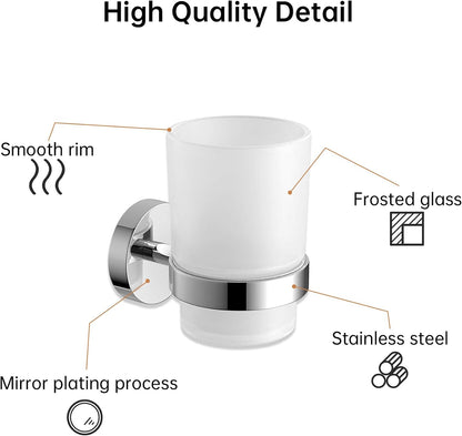 Bathroom Toothbrush Holders Set - Wall Mounted Tooth Brush Holder with Glass Toothpaste Cup, Stainless Steel Toothbrush Caddy Storage for Kids & Adult (Single)