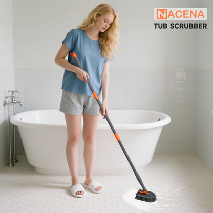 nacena Shower Scrubber with Long Handle, 3 in 1 Tile Tub Scrubber Brush with 3 Detachable Cleaning Heads Adjustable Handle Shower Cleaner Brush for Bathroom, Kitchen, Toilet, Wall, Sink, Blue White
