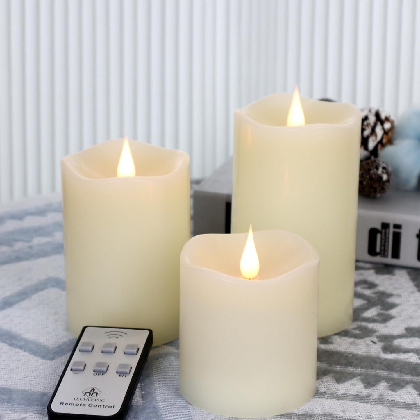 TECHLONG Flameless Candles Battery Operated with Remote Timer, 3D Moving Flame Flickering, Last 600+ Hours Battery Candles, 3" x 3" Ivory Real Wax Electric LED Candle for Wedding Party, Set of 2
