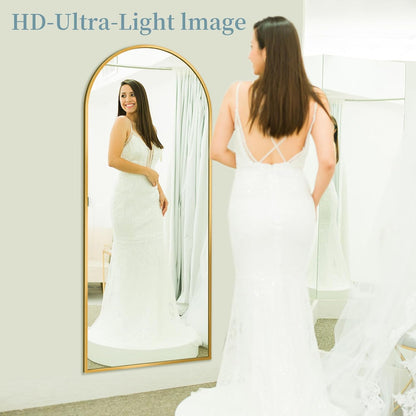 Full Length Mirror with Stand, 71"x28" Arched Full Body Large Stand Up Aluminum Frame Floor Standing Mirror, Freestanding Hanging Leaning Mounted for Bedroom Living Room Entryway Gold