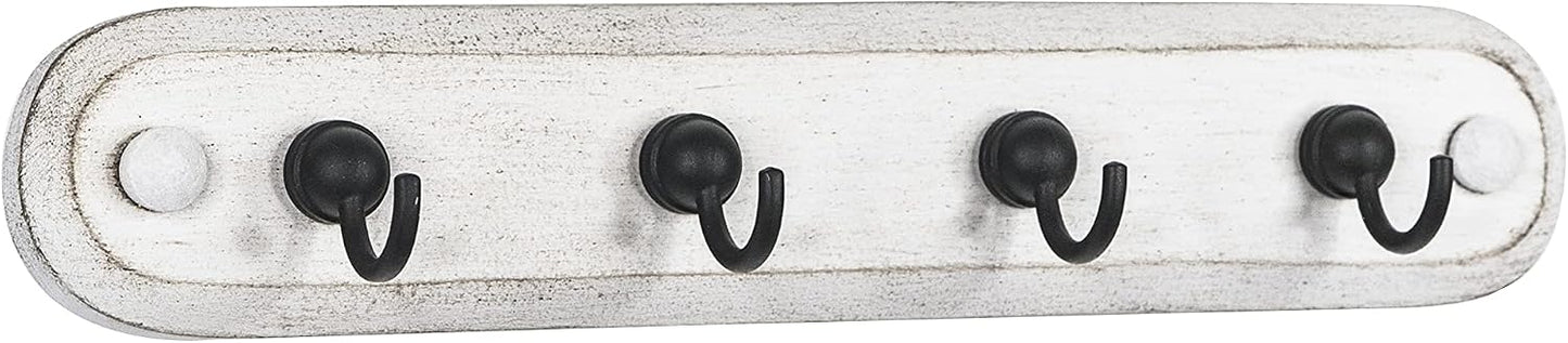 Spectrum Farmhouse Key Holder Wall Mount Rack for Entryway Garage Mudroom Hanging Organization, Easy Install Rustic Key Ring Holder Rack for Keychains Rings & Fobs, White Washed with Black Hooks