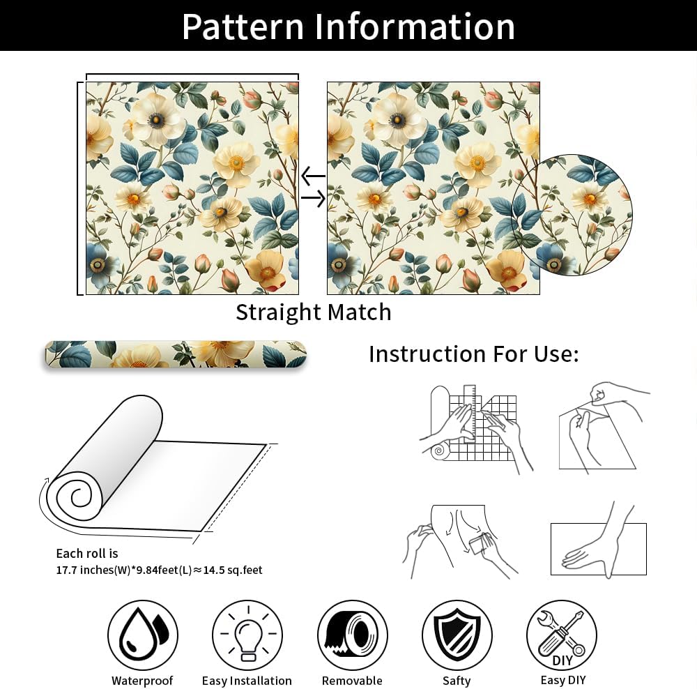 Floral Peel and Stick Wallpaper, 17.71" x 118.1" - Removable, Waterproof, Decorative Vinyl Wallpaper for Bedroom, Living Room