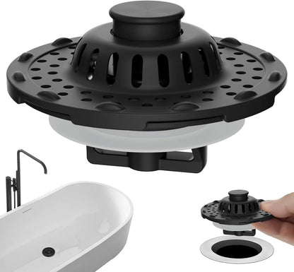 Universal Bathtub Drain Stopper Shower Drain Hair Catcher, Tub Stopper with Visible Top Strainer, Upgraded 3 in 1 Pop-up Drain Plug Fit for 1.5 to 2.4" Hole, Stainless Steel Filter Basket, Chrome