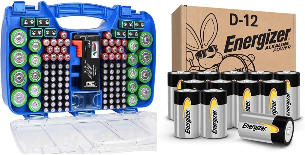 The Battery Organizer, Battery Organizer Storage Case with Tester, Stores & Protects Up to 180 Batteries & Energizer D Batteries, D Cell Long-Lasting Alkaline Power Batteries 12 Count