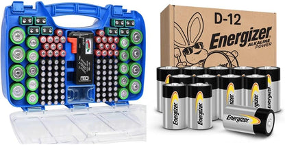 The Battery Organizer, Battery Organizer Storage Case with Tester, Stores & Protects Up to 180 Batteries & Energizer D Batteries, D Cell Long-Lasting Alkaline Power Batteries 12 Count