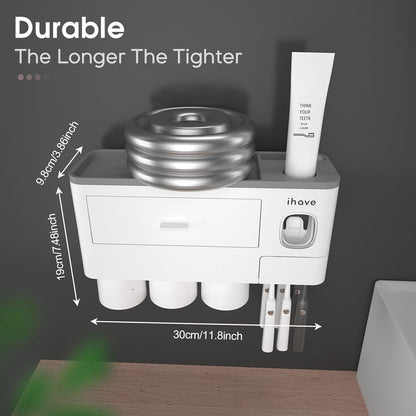 iHave Toothbrush Holders for Bathrooms, 2 Cups Toothbrush Holder Wall Mounted with Toothpaste Dispenser - Large Capacity Tray, Cosmetic Drawer - Tooth Brushing Holder & Bathroom Accessories