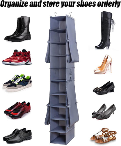 Hanging Shoe Organizer for Closet Footwear Boots Storage Shelf | Hang Closet Organization Storing Shelves Rack Display Shoes Boots Clothes 10-Shelf 4 Pockets Space Saver Oxford Cloth 2 Pack