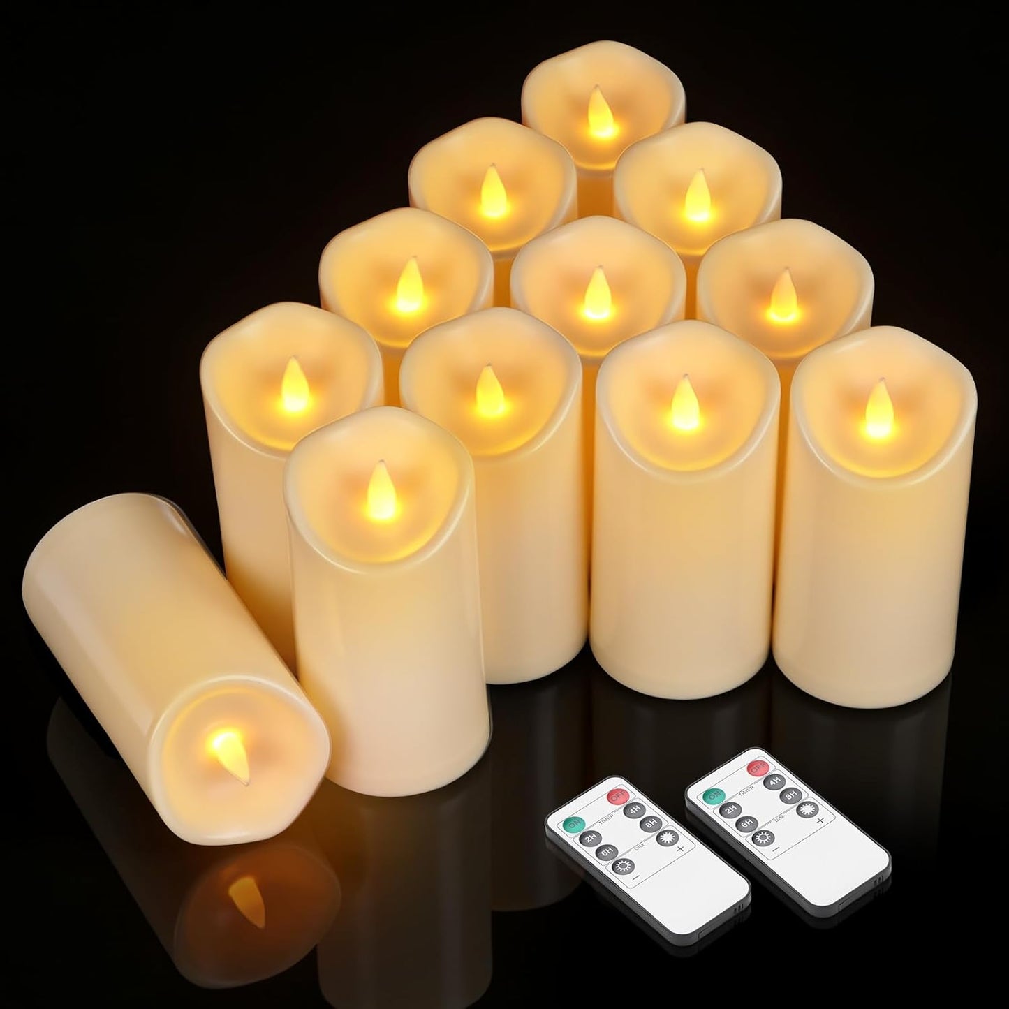 Outdoor Indoor Flameless Candles, Patented 3D Dual-LED, Set of 6 Slanted Top Durable Plastic Pillars with 2 Remotes & Timer, Non-Melting Waterproof Battery Candles for Patio Garden (Ivory)