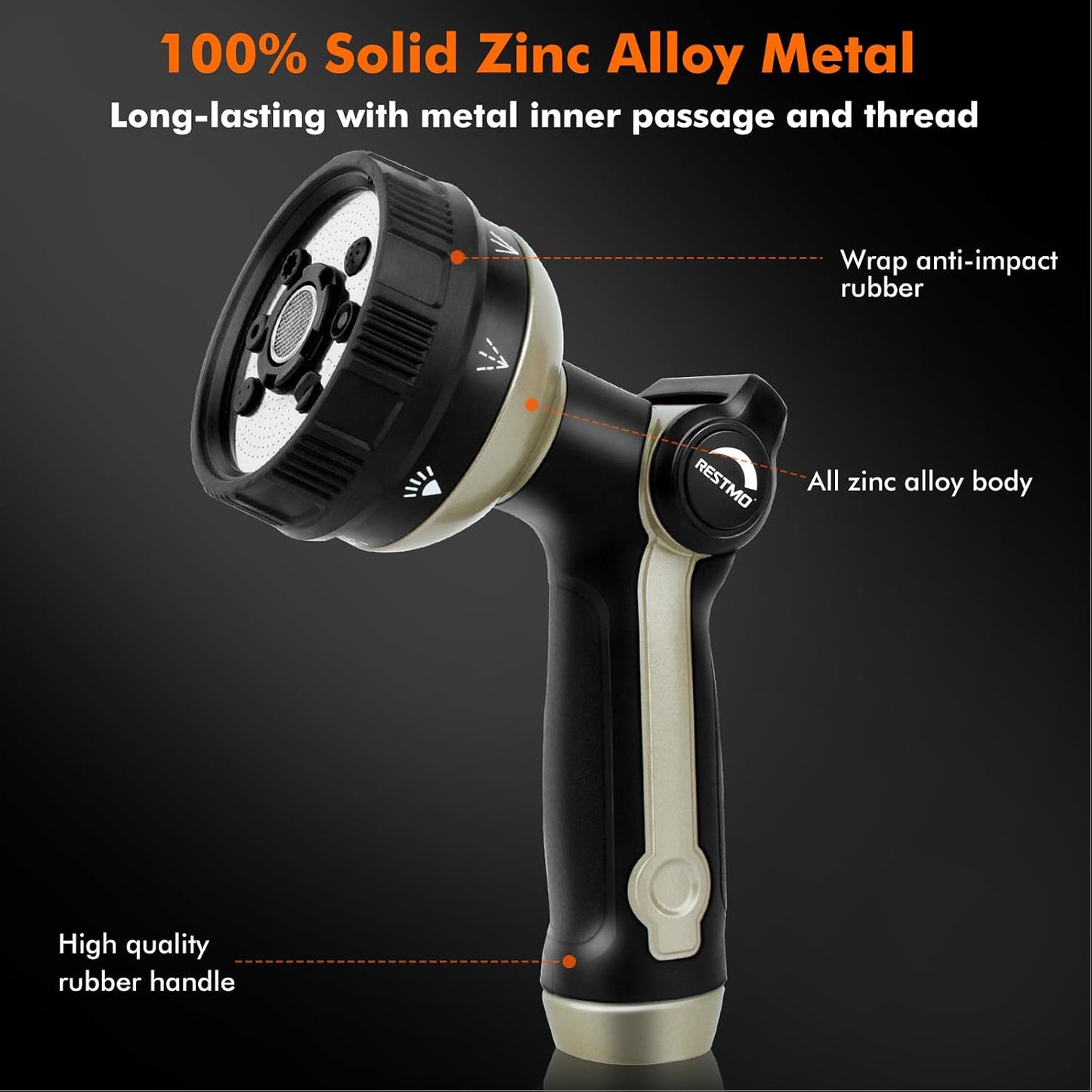 RESTMO Garden Hose Nozzle Heavy Duty, Metal Sprayer Nozzle Thumb Control | 8 Spray Patterns Full Shower Water Hose nozzle for Garden Hose, Ideal for Lawn & Plant Watering, Car & Pet Washing, Bronze