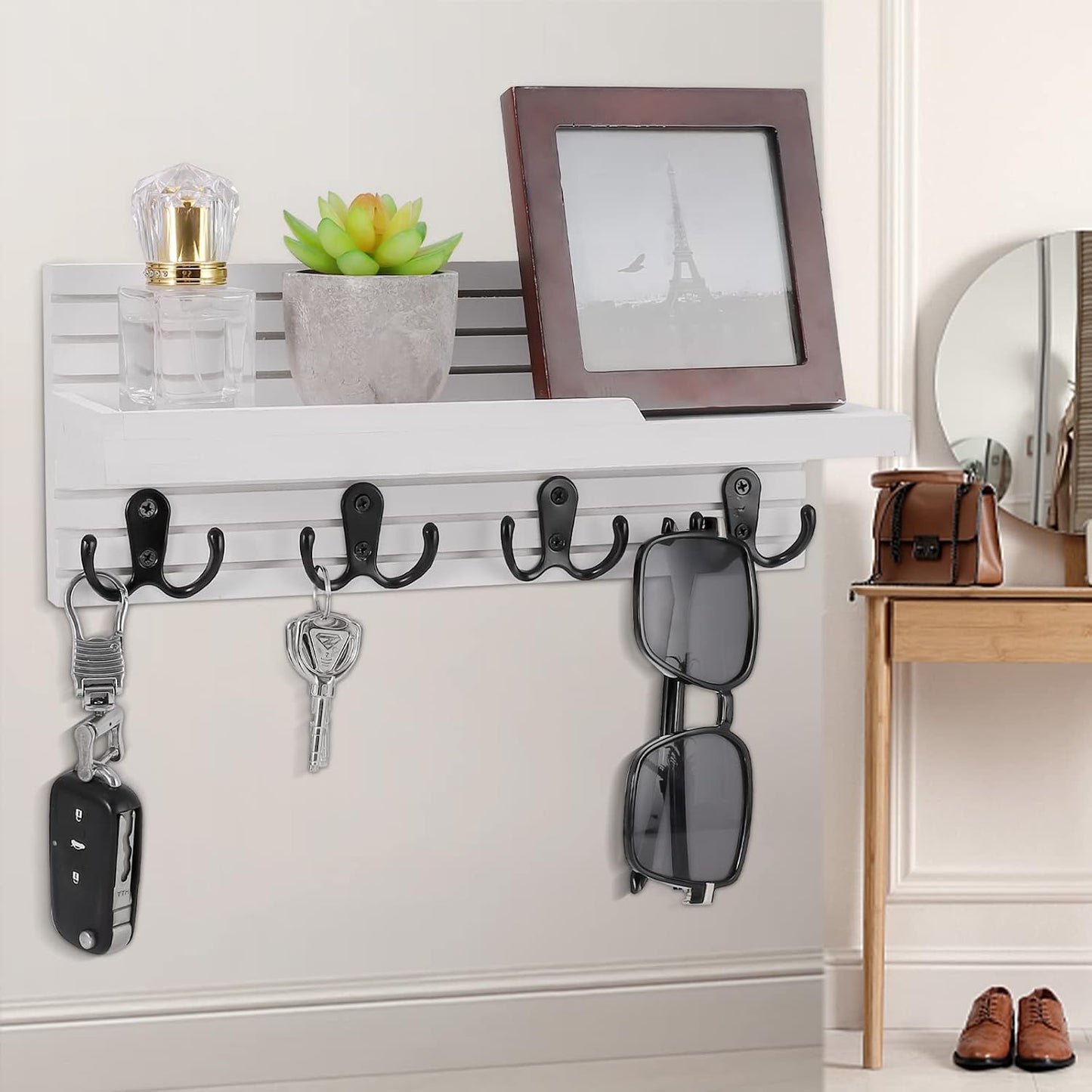 Decorative Key Hanging Rack with 4 Double Hooks – Easy Install Natural Wooden Key and Mail Holder for Wall Mount – Entryway Decor Rack with Shelf (Carbon Black)