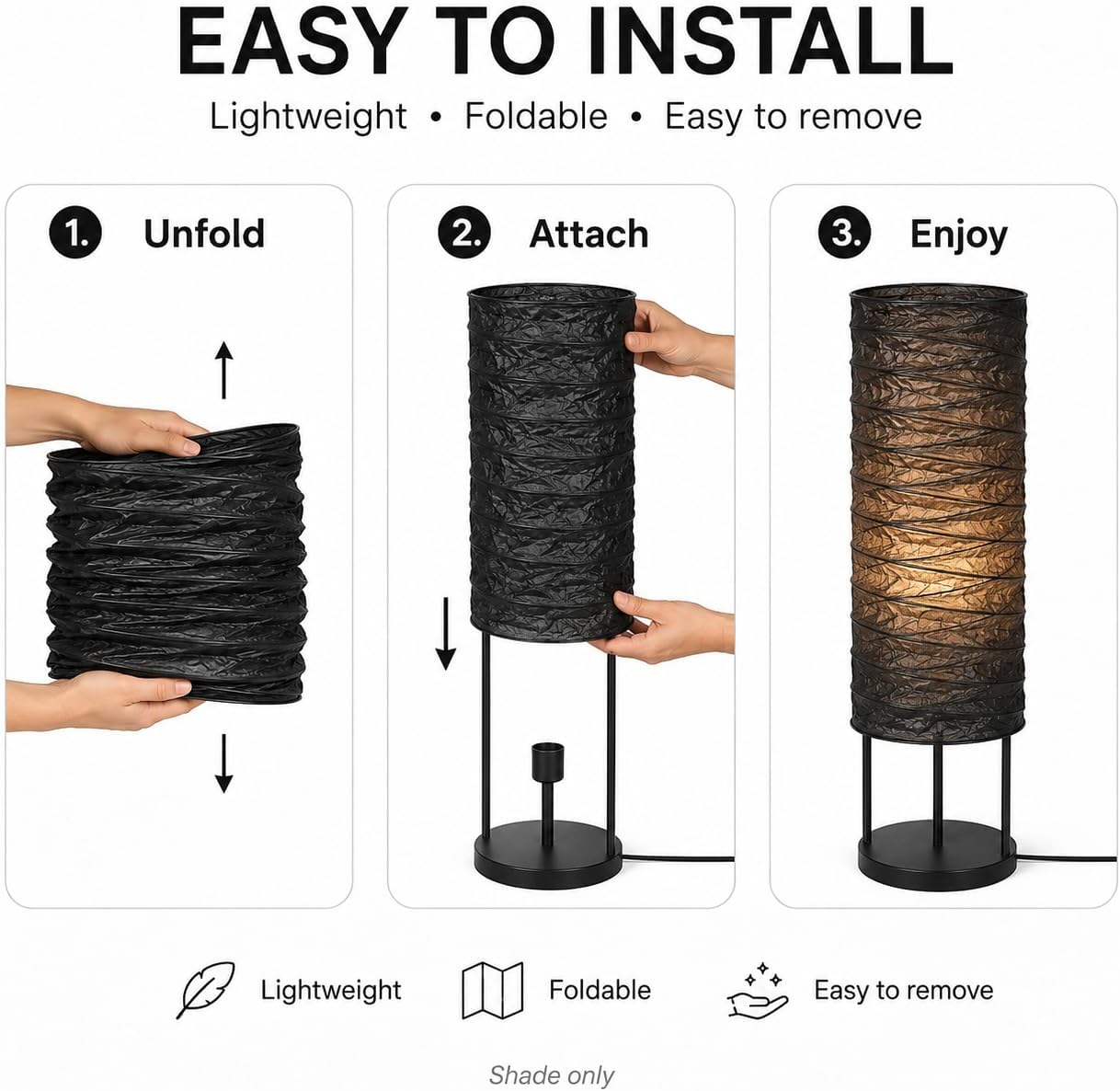 DECHOUS Rice Paper Floor Lamp Shade: Japanese Style Foldable Standing Lampshade Paper Light Cover Replacement For Living Room Bedroom, Black