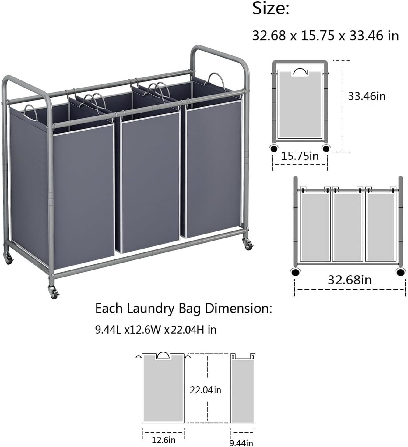 LINZINAR 3-Bag Laundry Hamper, Black Laundry Basket, 35.6 Gal(135 L) Laundry Sorter Cart Laundry Room Organization with Heavy Duty Rolling Lockable Wheels and Removable Bags