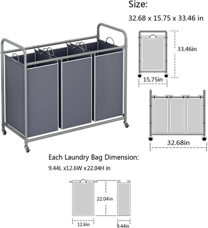 LINZINAR 3-Bag Laundry Hamper, Black Laundry Basket, 35.6 Gal(135 L) Laundry Sorter Cart Laundry Room Organization with Heavy Duty Rolling Lockable Wheels and Removable Bags