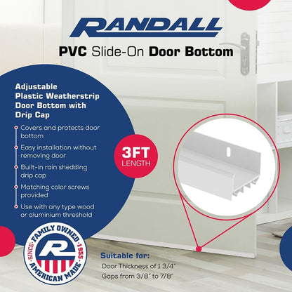 PVC Slide-On Door Bottom | Adjustable Plastic Weatherstrip Door Bottom with Drip Cap | 3 Feet (36-Inch) | for 1 3/4” Doors | Black | Fits Gaps 3/8” to 7/8” | Made in The USA