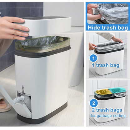 3.7 Gallons Bathroom Trash Can and Toilet Brush Set, 14 Liter Slim Trash Can with Toilet Brush Holder Set for RV, Black lid