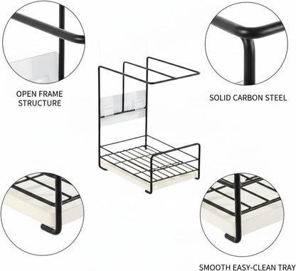 Wall-Mounted Kitchen Rag Rack, Carbon Steel Sponge & Cloth Holder for Sink Side Organization, Space-Saving Drying Rack (Black/White)