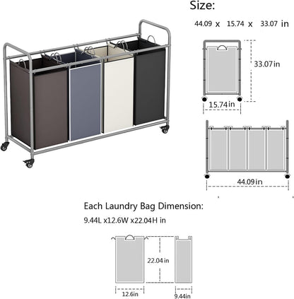 LINZINAR 3-Bag Laundry Hamper, Black Laundry Basket, 35.6 Gal(135 L) Laundry Sorter Cart Laundry Room Organization with Heavy Duty Rolling Lockable Wheels and Removable Bags
