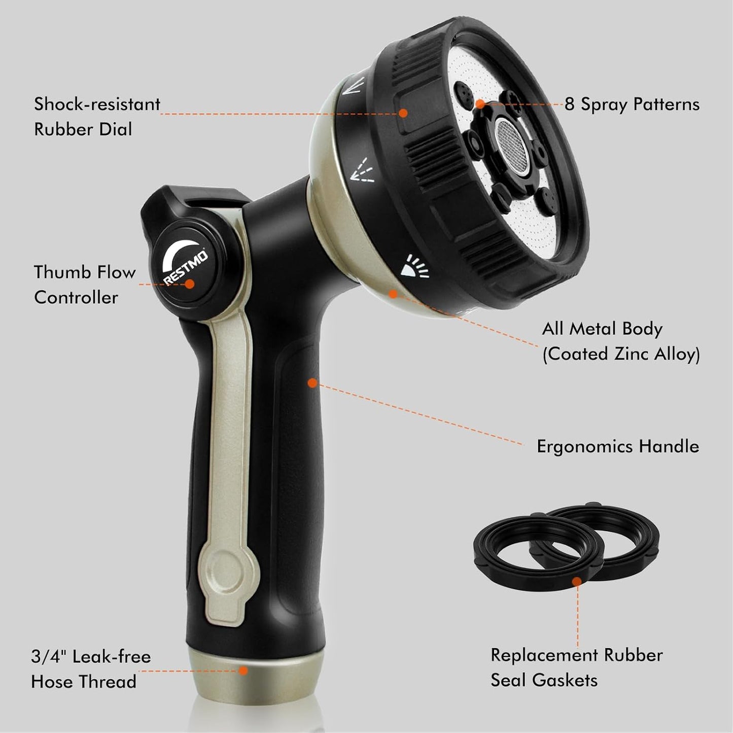 RESTMO Garden Hose Nozzle Heavy Duty, Metal Sprayer Nozzle Thumb Control | 8 Spray Patterns Full Shower Water Hose nozzle for Garden Hose, Ideal for Lawn & Plant Watering, Car & Pet Washing, Bronze