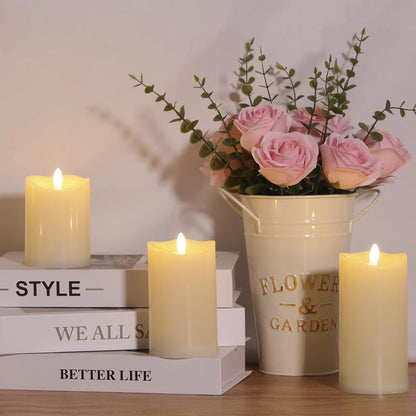 Outdoor Flameless Candles with Remote Timer - Waterproof Realistic Flickering LED Pillar Electric Battery Operated Fake Candle for Holiday Home Wedding Fireplace Decor - Ivory White 3 Pack (4”6”8”)
