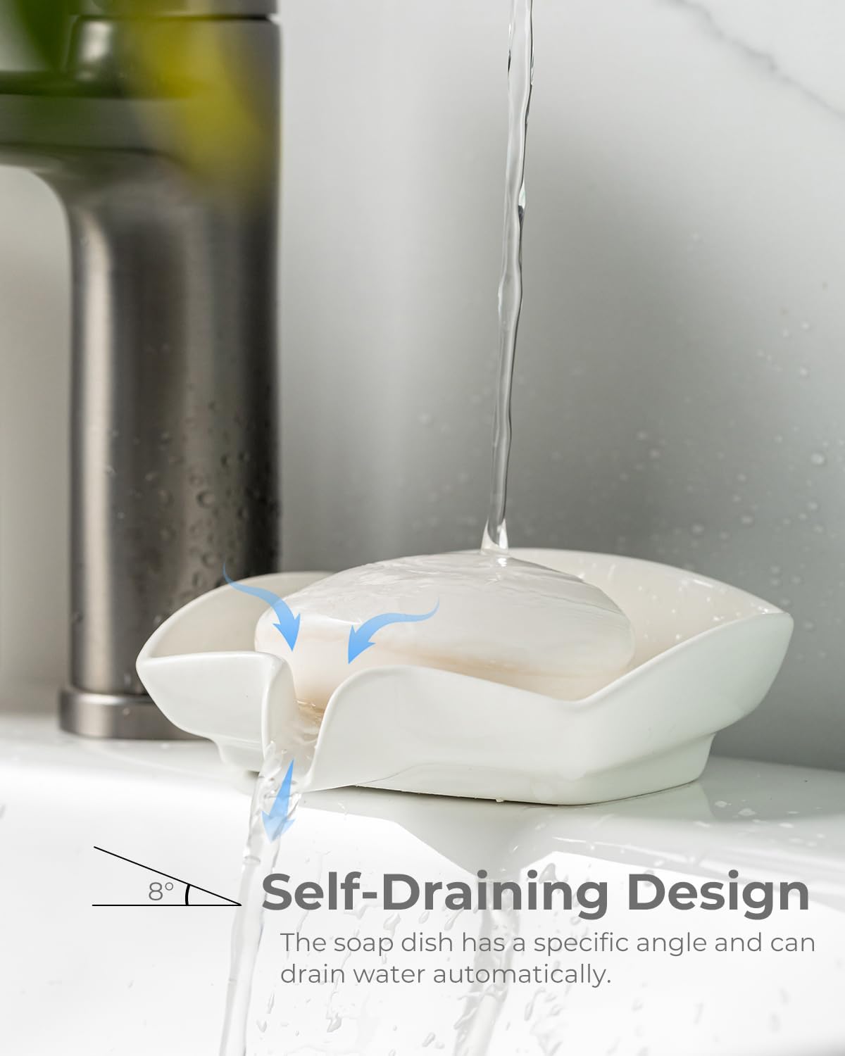 Self Draining Soap Dish, Ceramic Drain Soap Holder Waterfall Design Soap Saver for Shower, Bathroom, Sink, Kitchen and Countertop, Keeps Dry, Green