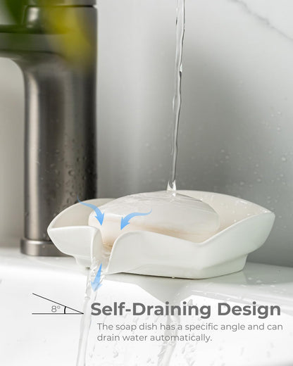 Self Draining Soap Dish, Ceramic Drain Soap Holder Waterfall Design Soap Saver for Shower, Bathroom, Sink, Kitchen and Countertop, Keeps Dry, Green