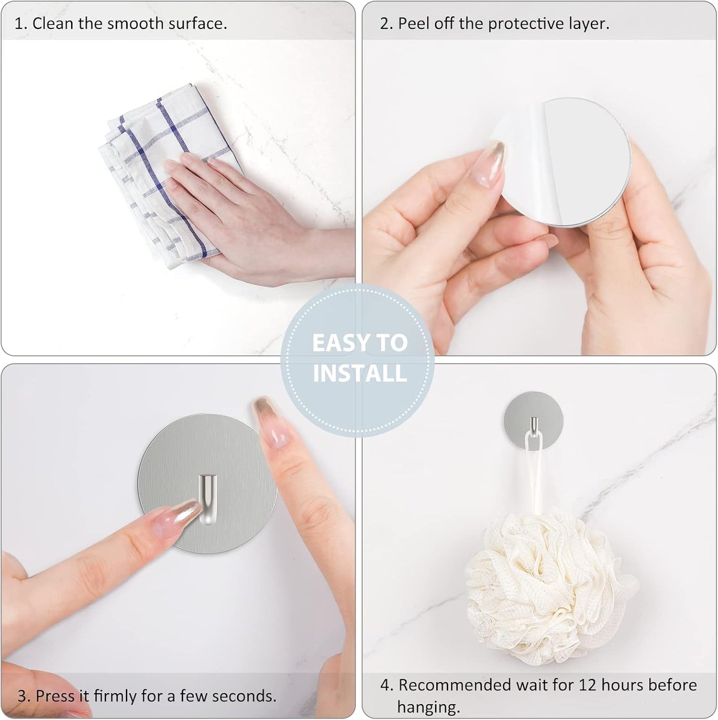 VIS'V Adhesive Hooks, Shower Wall Stick on Hooks, Round, White, 4 Pcs | Metal Material, Compact Design, Peel and Stick, 2 Extra Adhesive Strips, for Bathroom Kitchen Livingroom Office RV