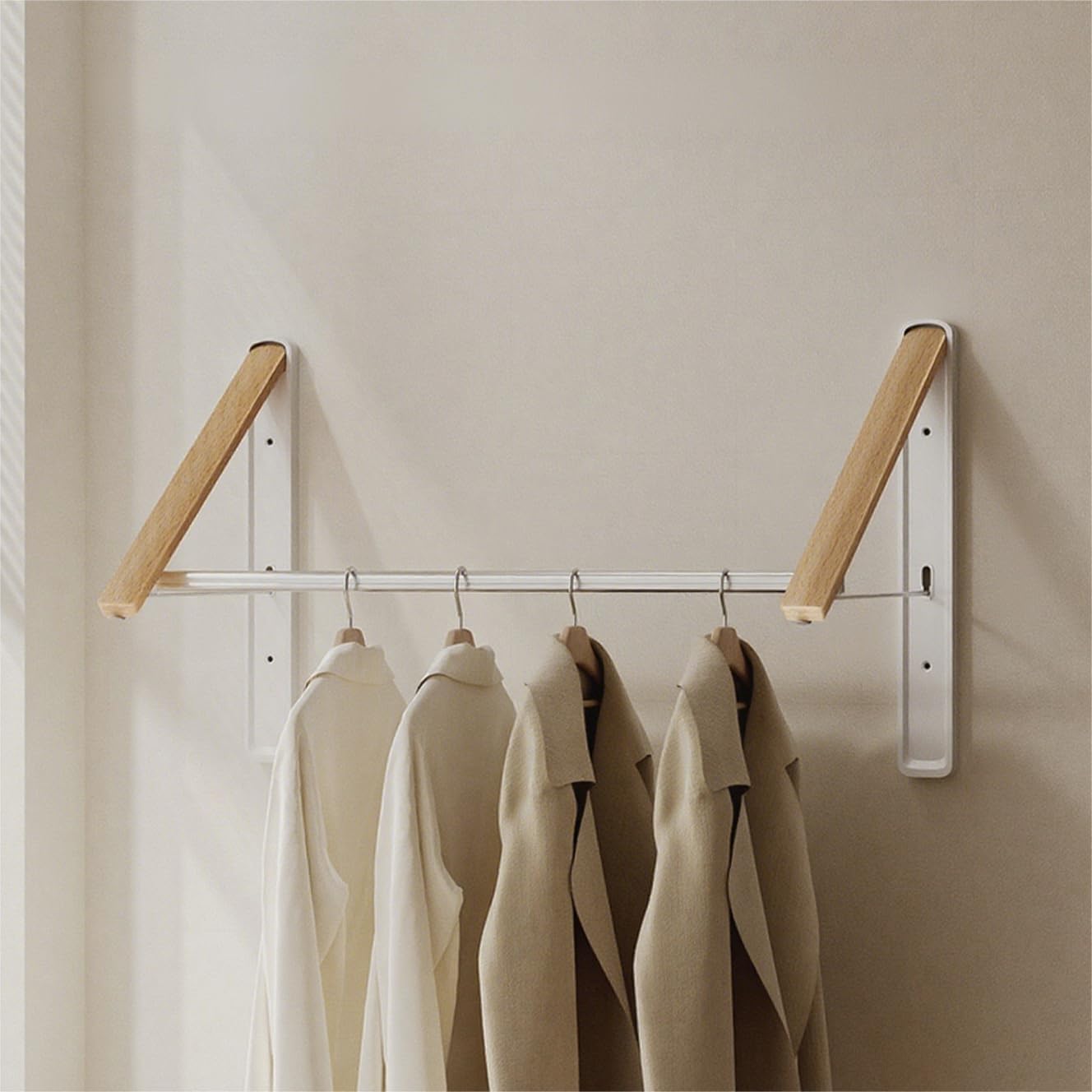 Retractable Wall Mounted Drying Rack - Foldable Clothes Hanger in Walnut or Oak Color for Laundry Room, Closet & Balcony (Oak, 1 Rack)