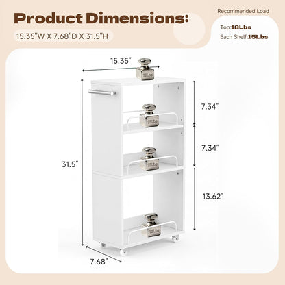 Slim Rolling Storage Cart,4 Tier White Rolling Utility Cart Slide Out Rack | Narrow Spice Rack Organizer Trolley for Kitchen Bathroom Larundry Small Corner 7.7inch wide
