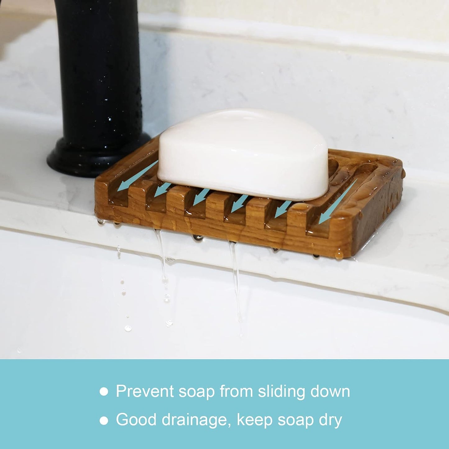 HTB Soap Dish with Slanted Waterfall Design,Teak Wood Bar Soap Holder | Soap Saver Keep Soap Bar Dry,Extend Soap Life,Non-slip Soap Tray for Shower,Bathroom,Sink,Kitchen,Countertop,Self Draining