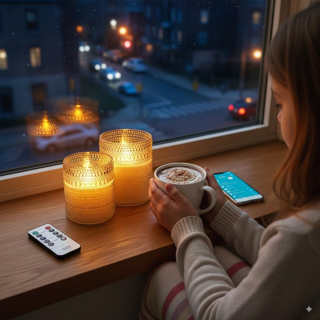 VENTA Set of 3 White Pillar Candles | Real Wax Battery Operated Flickering LED Candles with Remote | Timeless Decor for Farmhouse, Modern & Mantel Displays