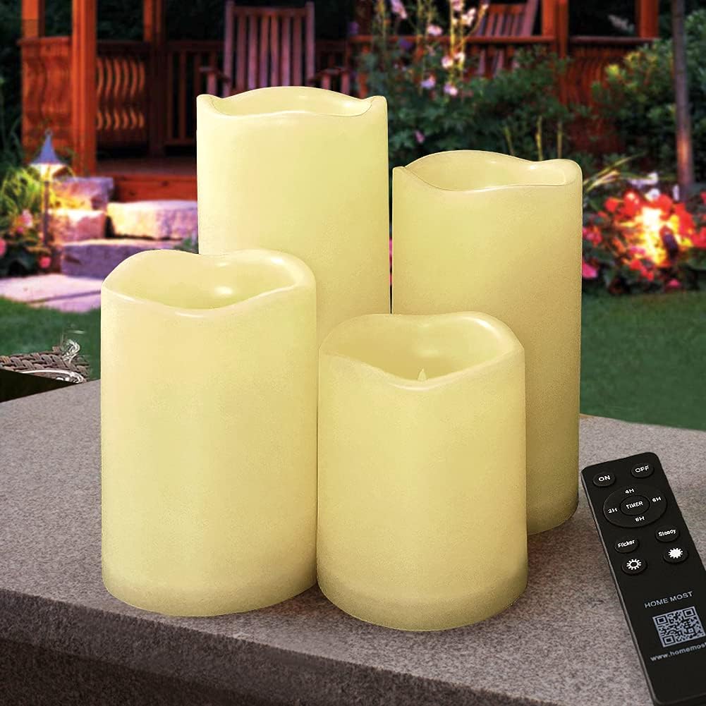 Set of 4 White Outdoor LED Pillar Candles 3x4 3x5 3x6 3x7 with Timer and Remote - IP65 Waterproof Battery Operated LED Pillar Candles - Flickering Flameless Pillar Candles Unscented Outside