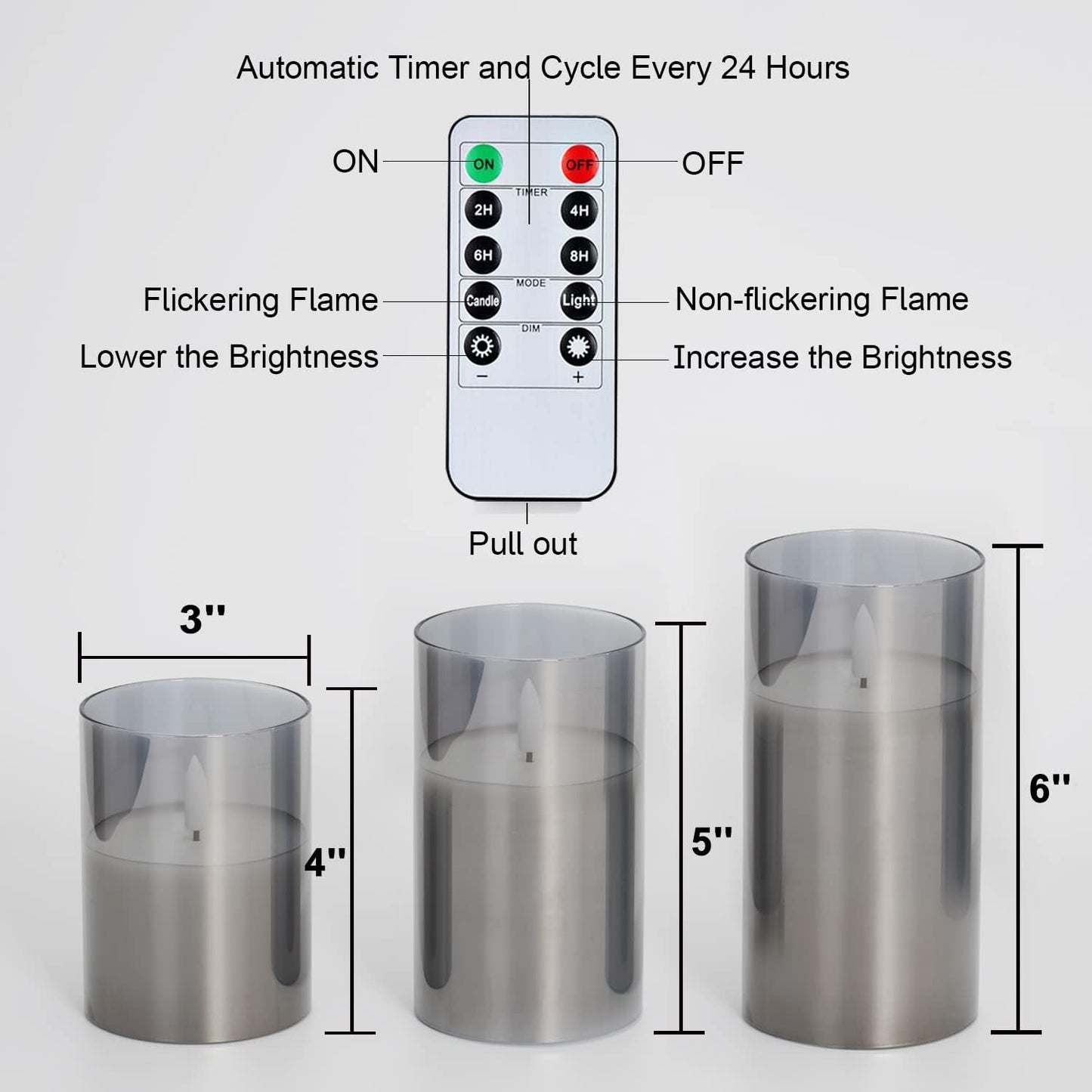 Amagic Clear Glass Flameless Candles Battery Operated with Timer, Remote Control, LED Pillar Candles, Battery Powered, Valentine's Day Decor, Pure White Wax, Set of 3