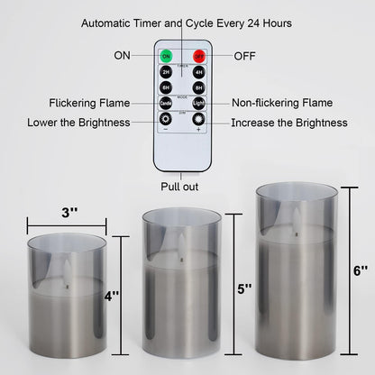Amagic Clear Glass Flameless Candles Battery Operated with Timer, Remote Control, LED Pillar Candles, Battery Powered, Valentine's Day Decor, Pure White Wax, Set of 3