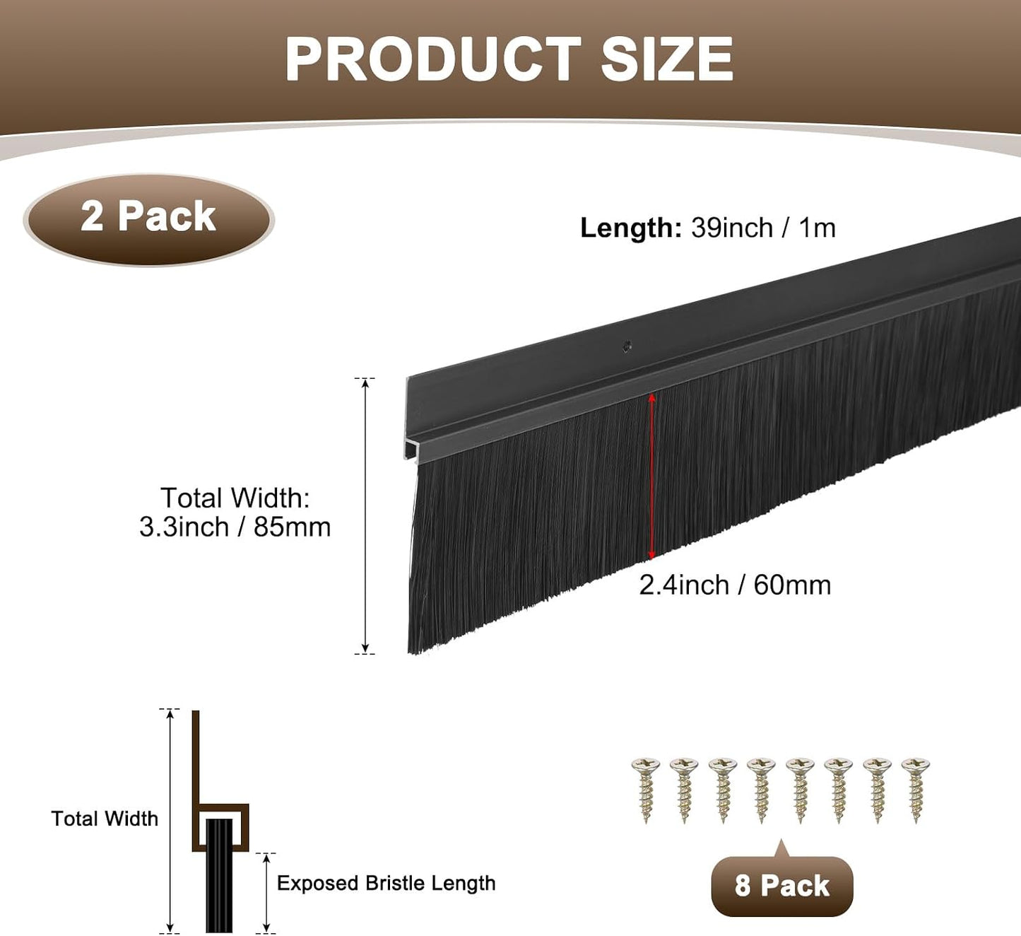 M METERXITY 2Pack Door Sweep - 39" Door Bottom Brush Heavy Duty Seal Draft Stopper Aluminum Base with 50mm Brush, Adhesive/Screw Installation for Interior/Exterior/Garage/Sliding Doors, Black
