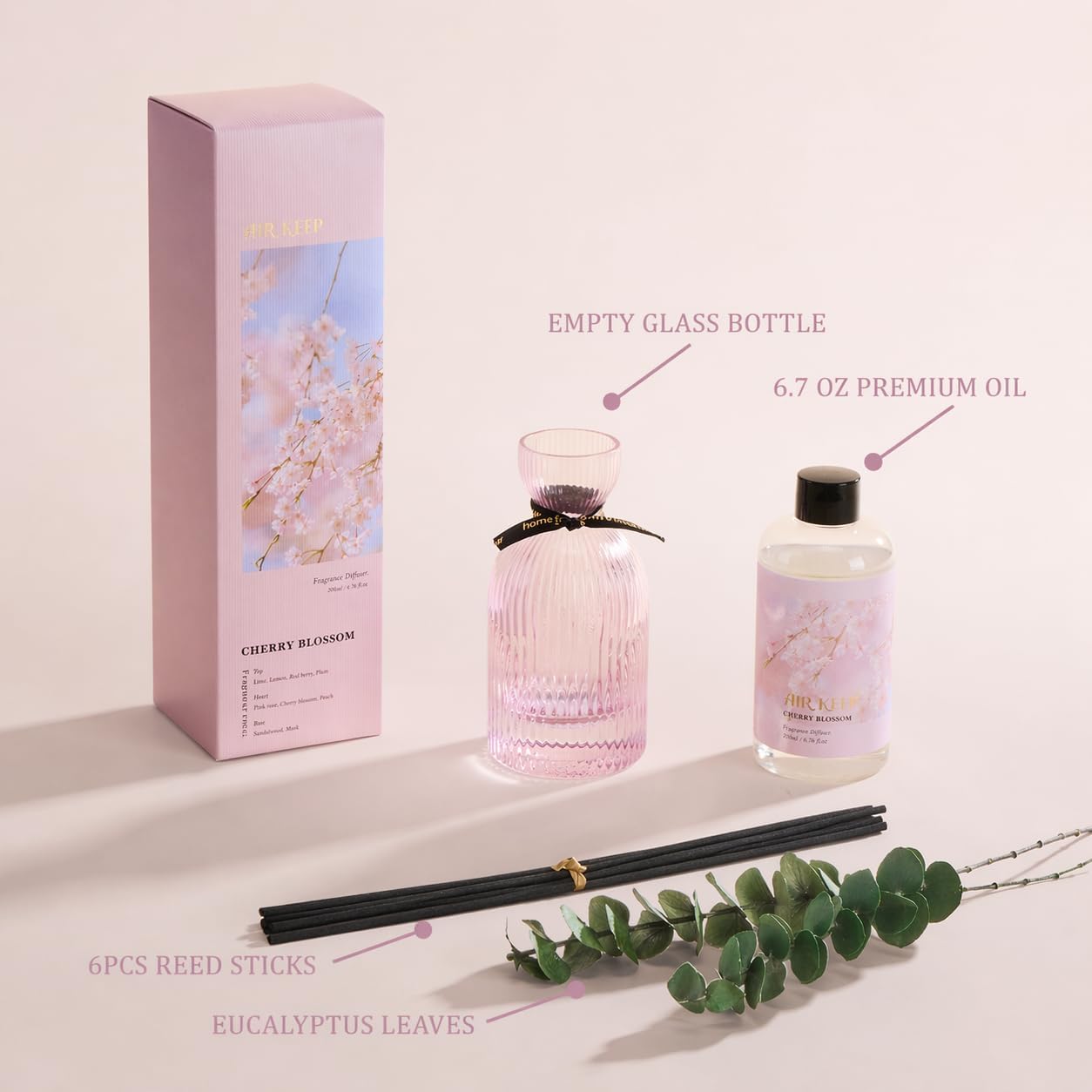 Airkeep Reed Diffuser Set 6.76 oz – Cherry Blossom Home Fragrance with Eucalyptus Sticks – Decorative Glass Bottle for Bathroom, Bedroom & Living Room Décor – Gift Ready