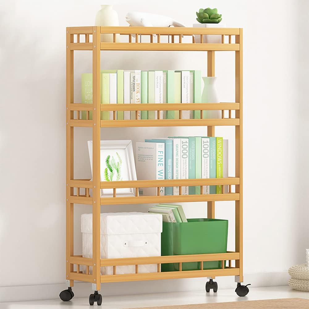 4-Tier Bamboo Kitchen Rolling Cart Removable Wood Trolley Island Cart, Utility Cart Multi-Layer Storage Shelf Rack on Wheels (19.7" L X 7.1" W X37.8 H)