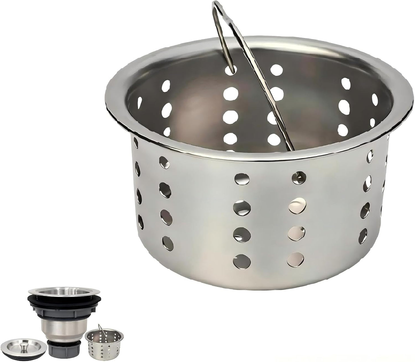 Kitchen Sink Drain Assembly Kit, 3-1/2 Inch Brushed 304 Stainless Steel Basket Strainer with Deep Removable Basket, Stopper & Cover Lid, Fits Standard Kitchen Sinks