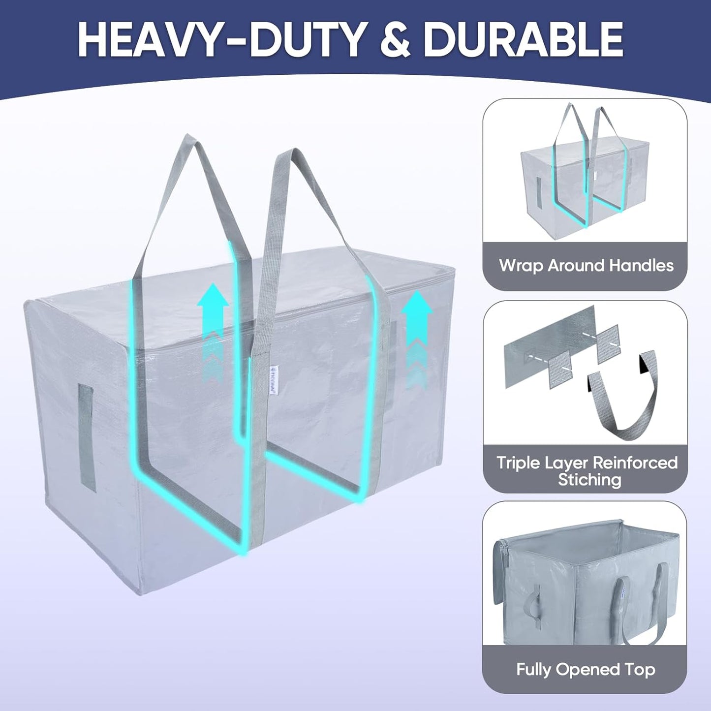 TICONN 4 Pack Extra Large Moving Bags Heavy Duty with Zippers & Carrying Handles, Durable Storage Bags Moving Boxes for Closet Organizers and Storage (4 Pack, Blue)