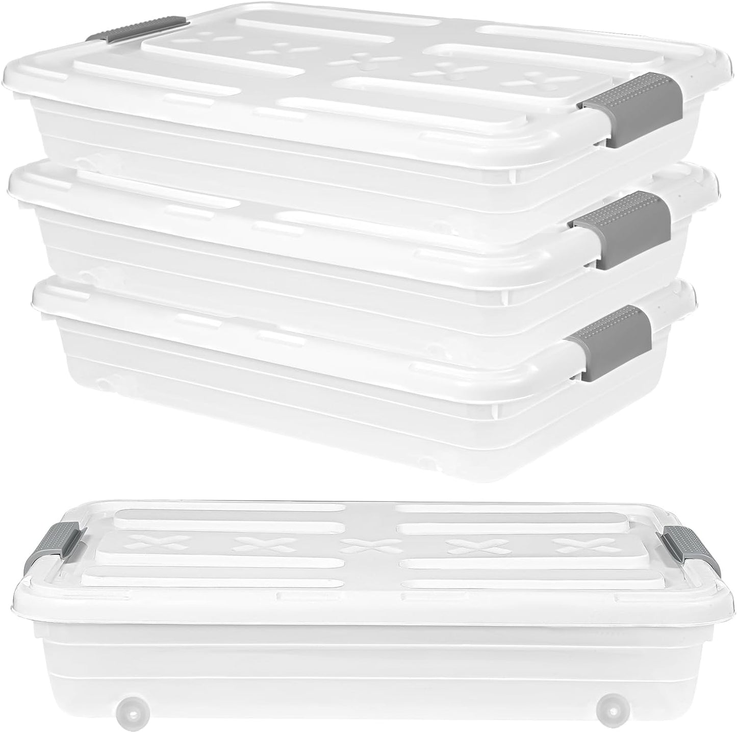 4 PCS*49 Qt Wheeled Latching Under Bed Storage, Double Opening Lids Stackable Bin with Latch Lid, Plastic Container to Organize Shoes Underbed, Clear with White Lid(White)
